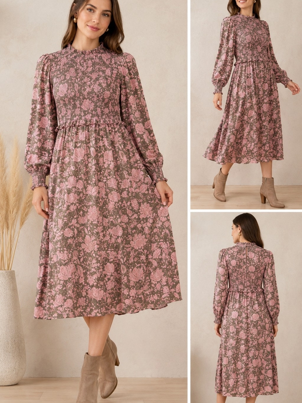 Monsoon Pink Floral Midi Dress Smocked Long Sleeve Boho Romantic Size US 6